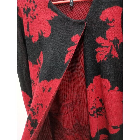 ND New Directions Womens Long Line Cardigan Large Red Black Floral Sweater - Picture 3 of 7
